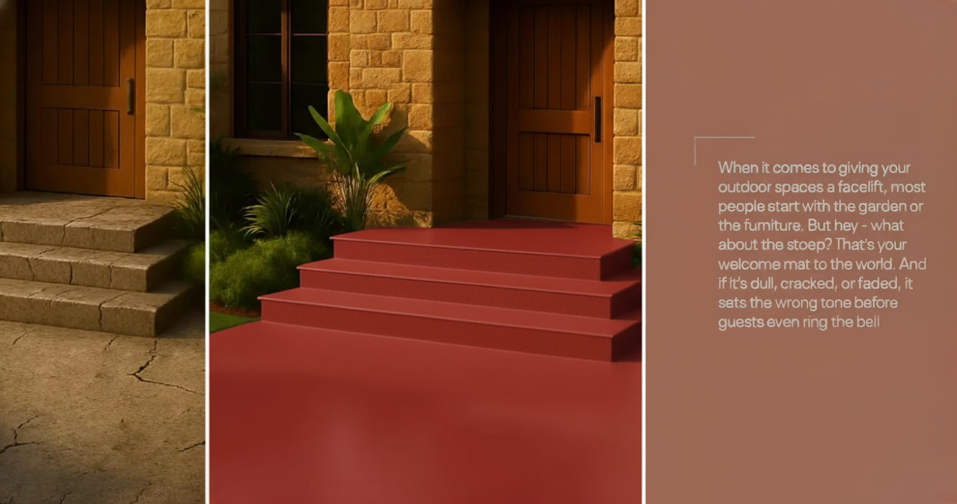 Liquid Magic stoep paint: Before and after transformation of a cracked patio to a smooth, vibrant red oxide finish.